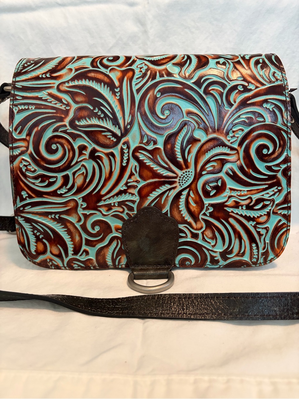 Patricia Nash Turquoise and Brown Tooled Leather Crossbody
